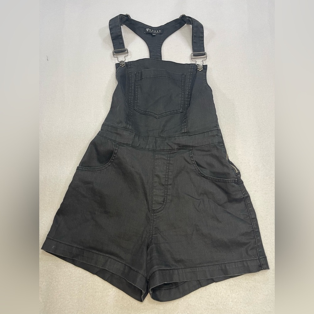 Guess Black Short Overalls Women Size 26 Denim Bib Shorts Y2K Style